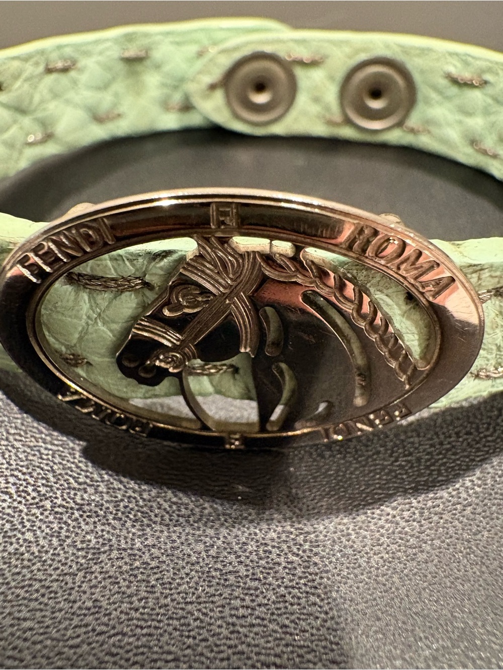 Fendi Mint Green Leather Horse Medallion Bracelet/Cuff - Picture 3 of 8